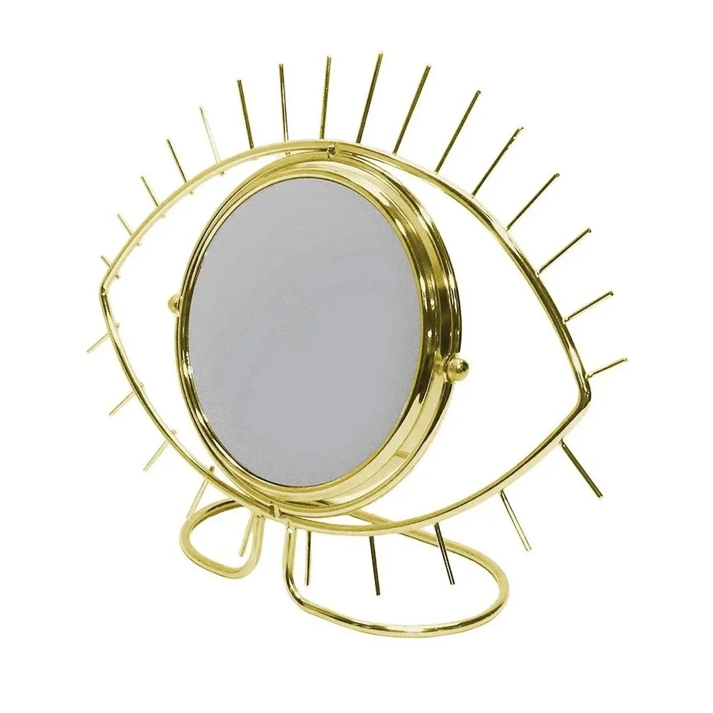 Open Eye-Shaped Gold Metal Double-Sided Vanity Makeup Magnifying Mirror 14x11x4